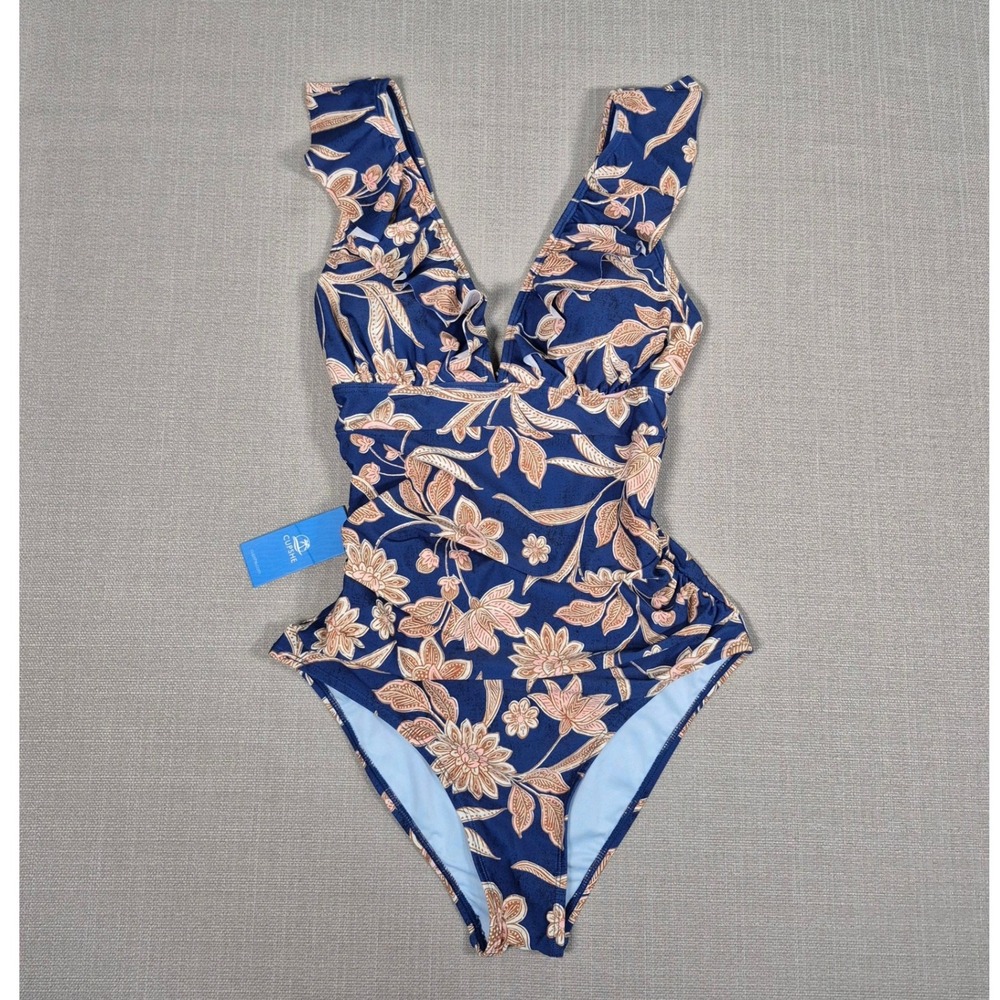 Cupshe Womens Floral Ruffle V-Neck Tummy Control One Piece Swimsuit Blue Size M